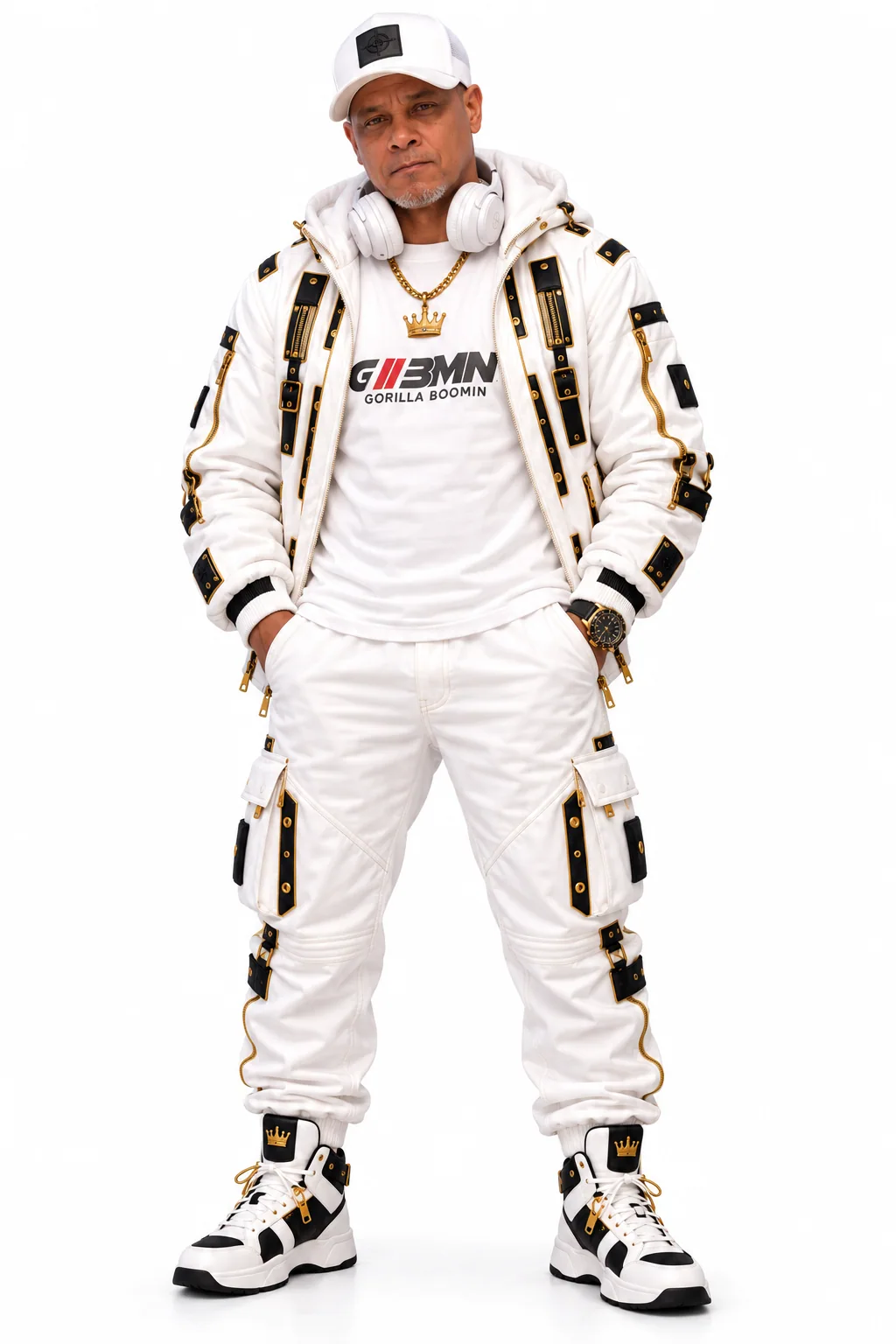 Full-body Gorilla Boomin artist portrait in white, black and gold clothing