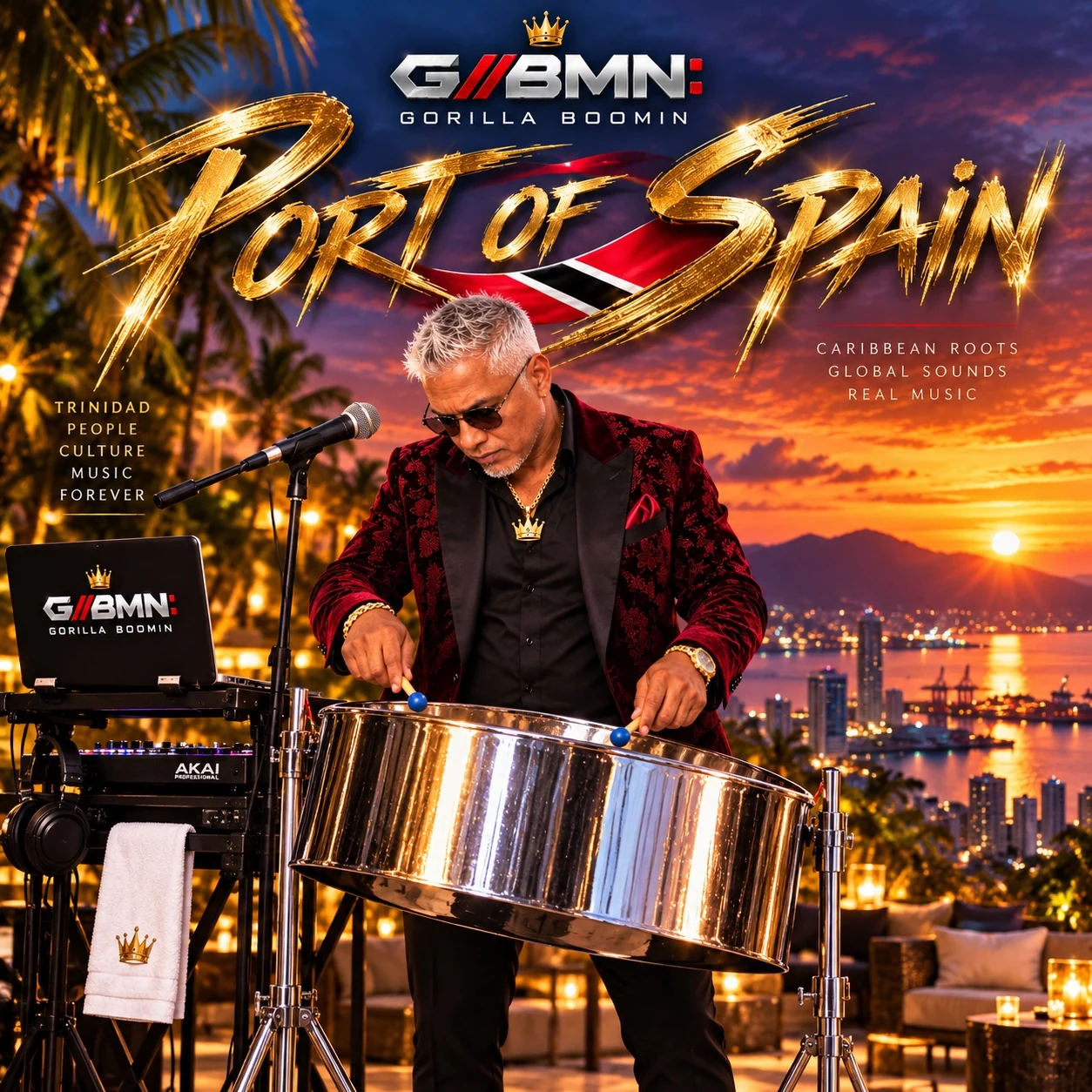 Gorilla Boomin — Port of Spain cover artwork, steelpan performance overlooking the Trinidad harbor at sunset